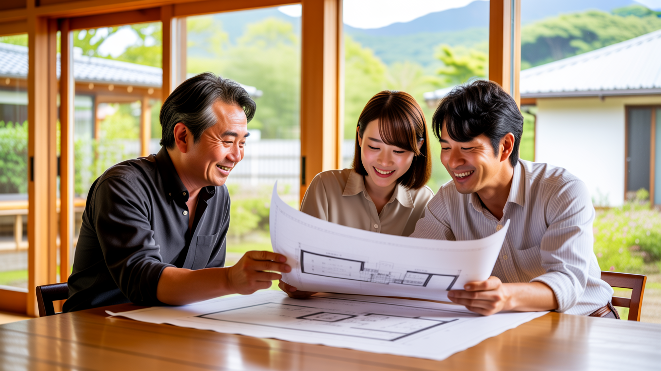 家づくりを相談する日本人家族と建築士