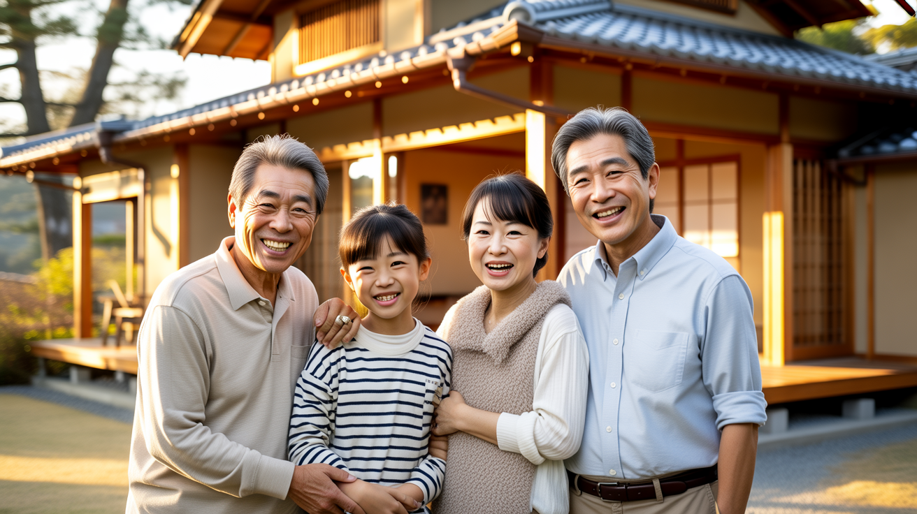 完成した住まいと三世代の日本人家族